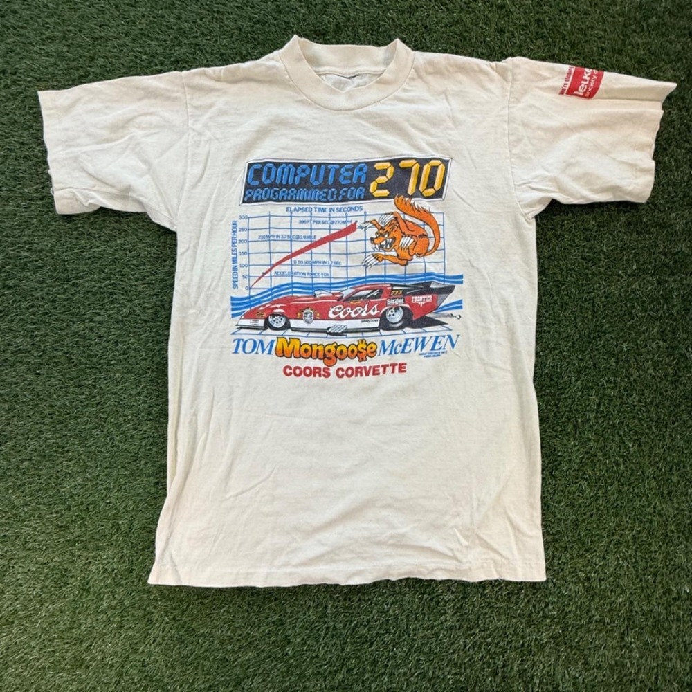 Vintage 80s Tom The Mongoose McEwen Coors Corvette Drag Racing Tee White Mens